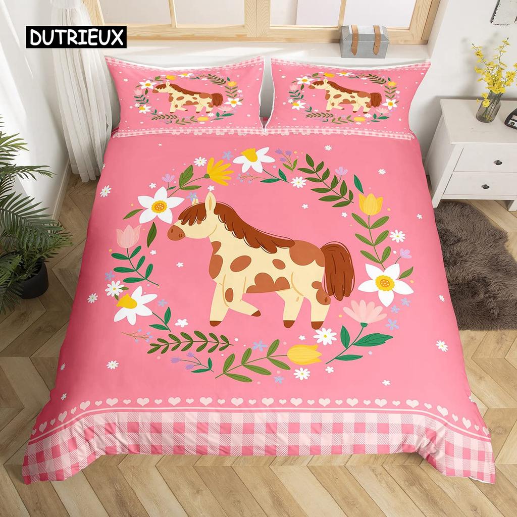 Cartoon Tier Hund Bettbezug King Size Rosa Büffel Bettdeckenbezug Floral Welpe Prinzessin Bettwäscheset Hundeliebhaber Schlafzimmerdeko