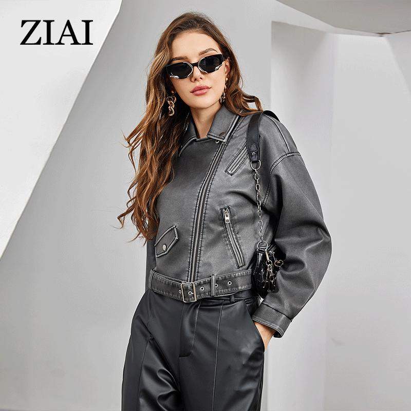 ziai Ny vår Høst Kvinner Kort kunstskinnjakke Uformell PU-frakk Løs motorsykkeljakker Mote Streetwear Oversized koreansk kåpe ZP-23102