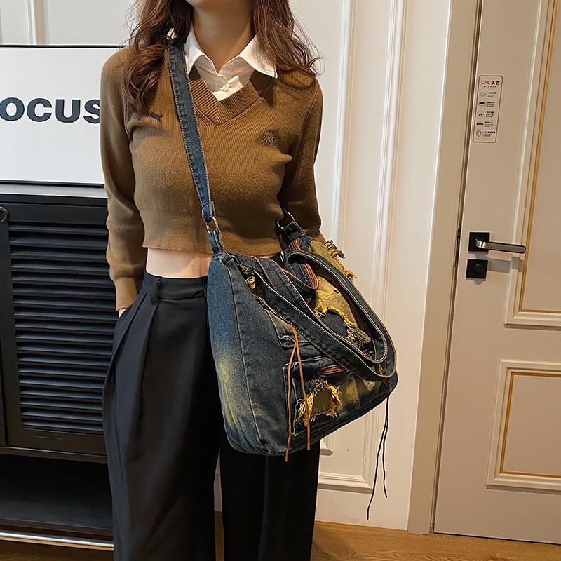 Punk Style Denim Shoulder Bag With Zipper Closure For Daily Use