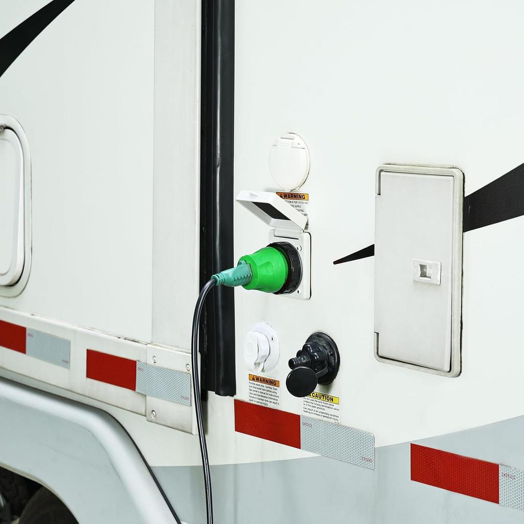 RVGUARD 30 amperų į 110 voltų RV adapterio kištukas su užrakinamu jungikliu, NEMA 5-15P į NEMA L5-30R elektros energijos adapteris, žalias