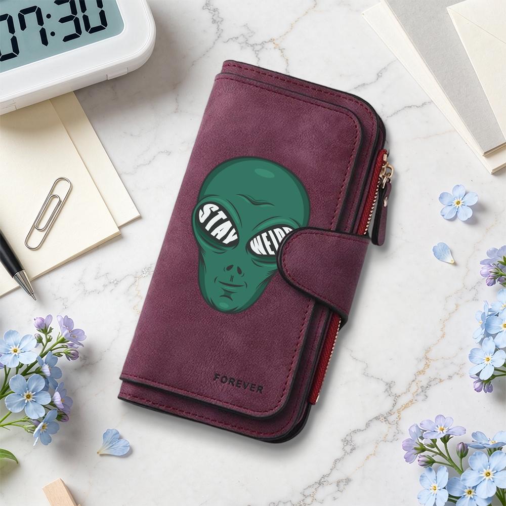 Green Alien Print Long Wallet Stylish Daily Use Card Holder Casual Portable Purse