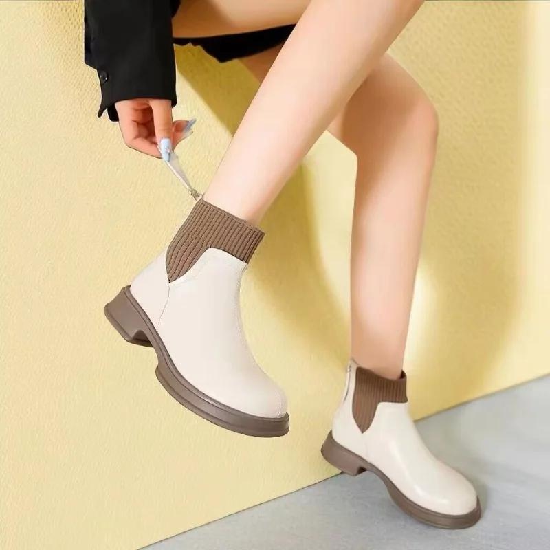 2025 Black Women Shoes Short Boots Women Genuine Leather Splicing Round Toe Slip-On Boots Woman Comfy Flat Chelsea Boots Woman