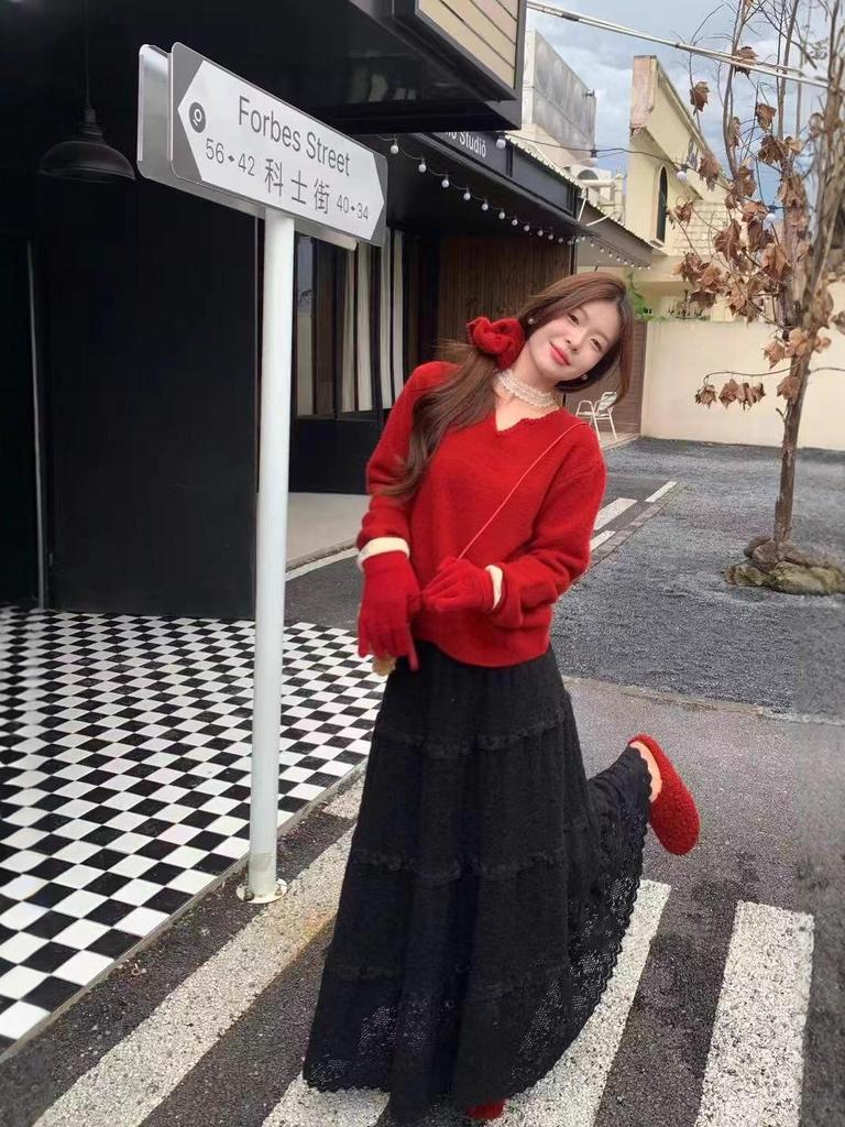 Gentle Academia Crochet Layered High-Waist Maxi Skirt for Spring/Autumn