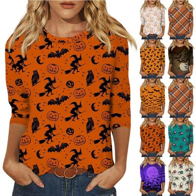 Women's Fashion Casual Round Neck 3/4 Sleeve Loose Halloween Printed T-Shirt Ladies Top