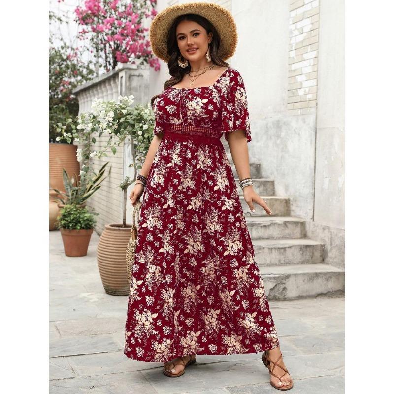 

Spring Retro Square-neck Printed Plus-size Short-sleeved Dress 4XL червоний