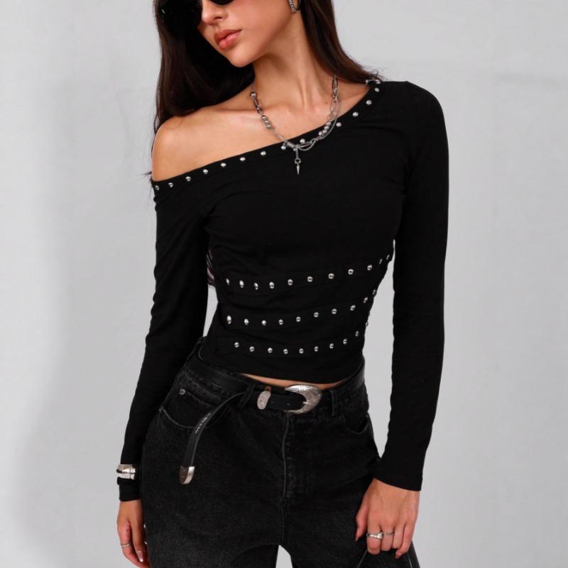 New Long Sleeve Slanted Shoulder Collar Rivet Womens Blouse Sexy Street Style Spring and Autumn Black Short T-shirt Slim Fit Top