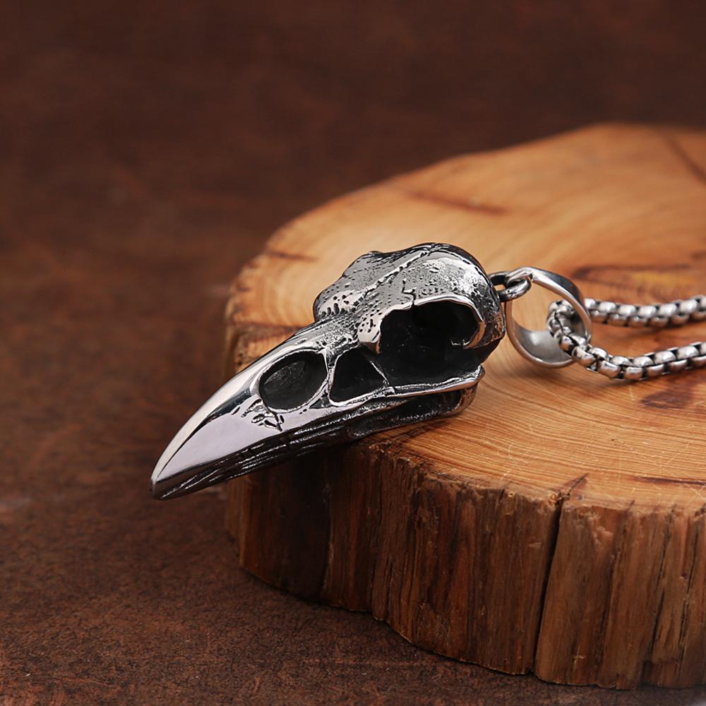 Punk Vintage Viking Crow Head Bird Skull Pendant For Men Stainless Steel Animal Chain Necklaces Fashion Jewelry Gifts