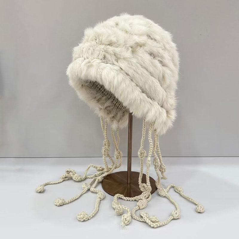 

24 autumn and winter new white handmade hat rabbit hair fringed snow hat cold protection ear protection warm soft waxy one size fits all бежевий