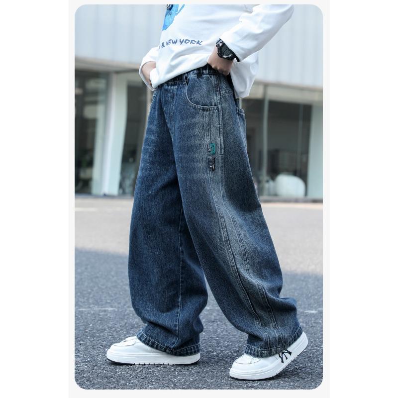 Boys Fleece Lined Solid Color Denim Jeans Casual Loose Long Pants For Autumn Winter