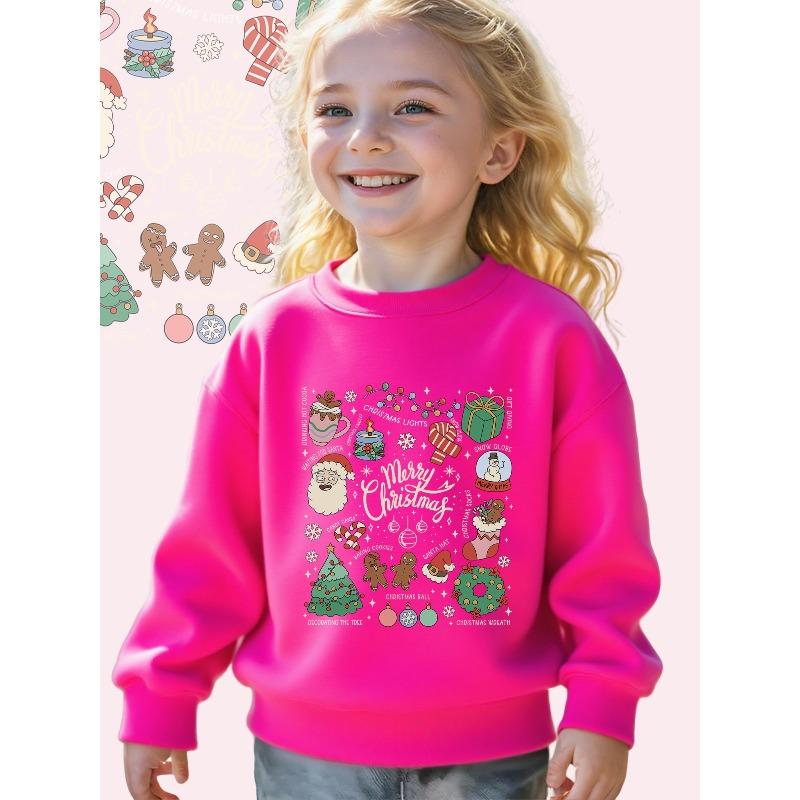 Girls Christmas Delights: A Festive Collection of Icons Print Long Sleeve Crewneck Sweatshirt - Soft Casual Pullover