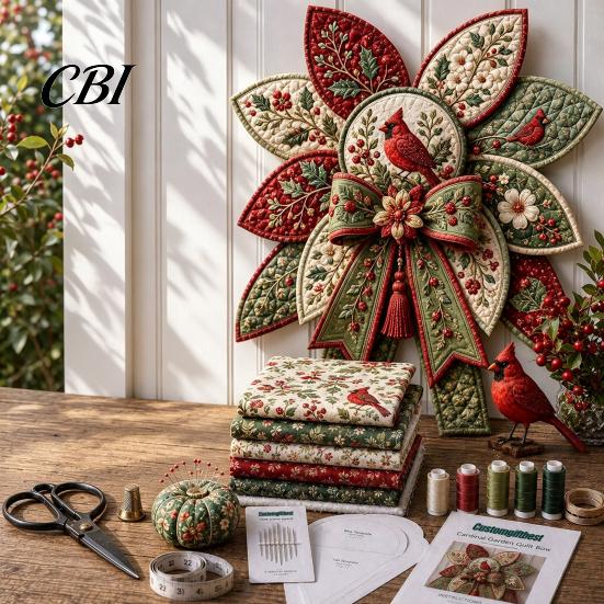 Easy Crafting Kit with Tutorial DIY Quilted Hanger for Door Wall, Wreath Patchwork Bow Sewing Hummingbird Cardinals Fabric Art Kit, Craft Adults