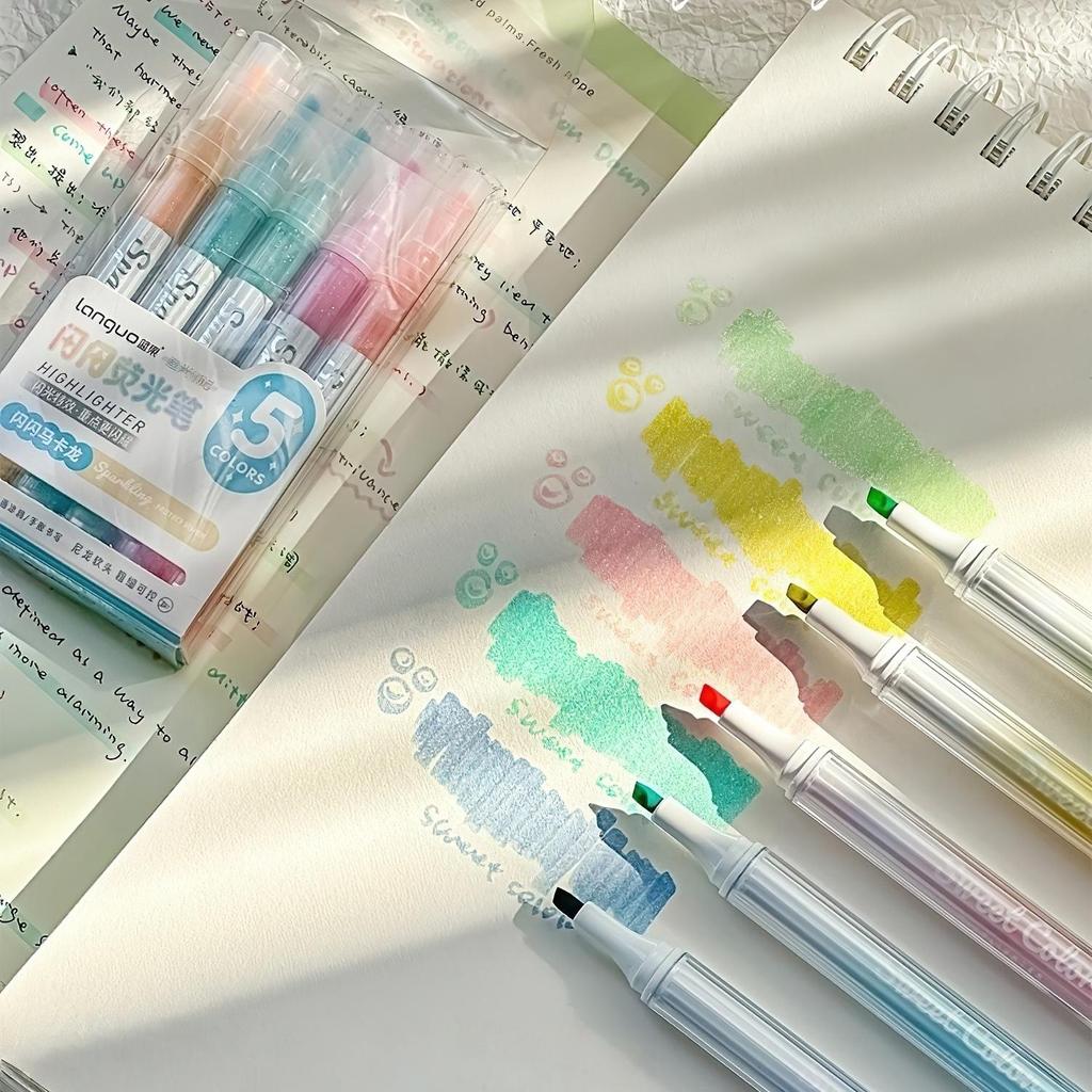 5pcs Mild Colors Highlighter Pens Set, Morandi Protect Vision Soft Chisel Brush Tip - Hued & Sparkling Fluorescent Markers
