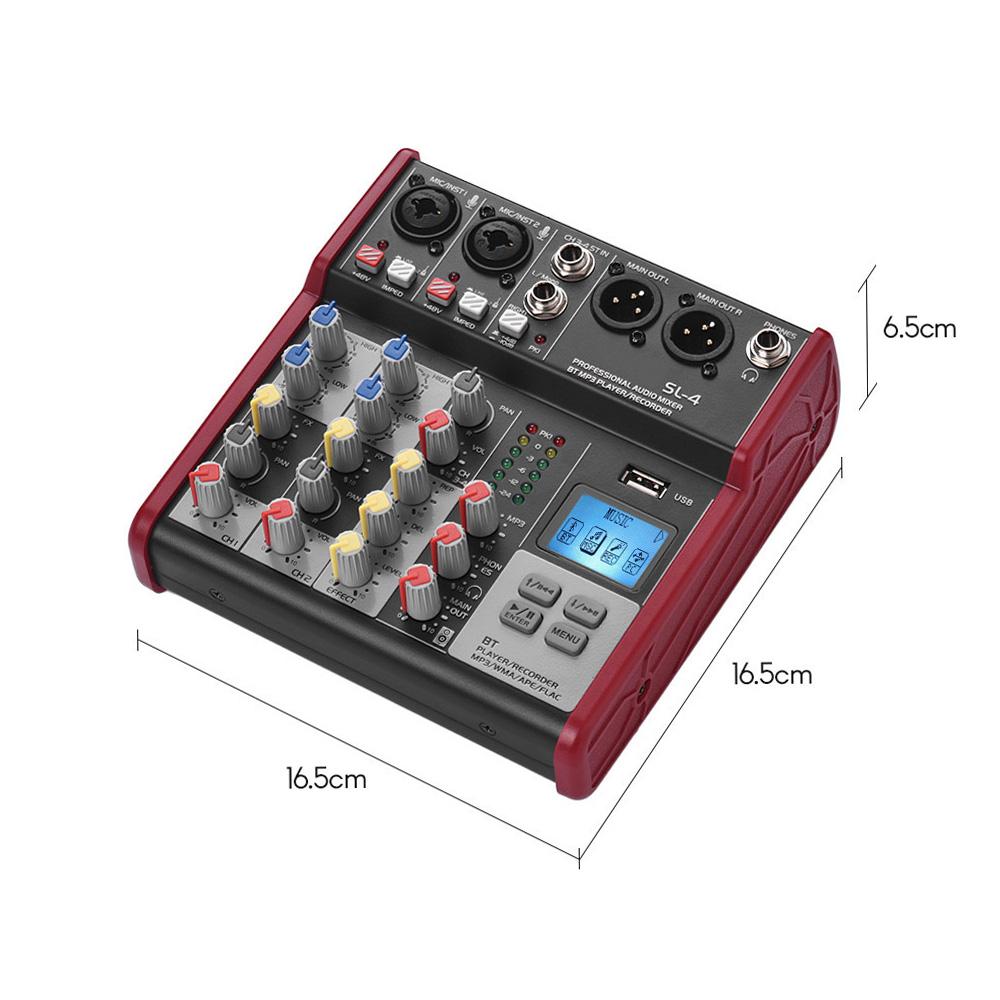SL 4 Compact Size 4 Channel Mixing Console Mixer 2 band EQ Built in 48V Phantom Power Supports BT Connection USB MP3