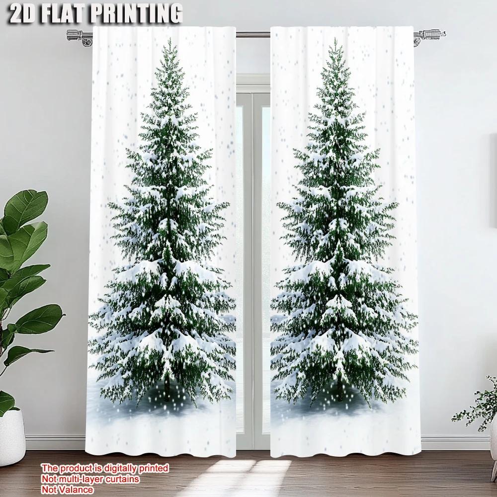 2Pcs Snowy Pine Tree Digital Print Curtains Polyester Drapes For Living Room Dining Room Study Office Rod Pocket Design For Easy