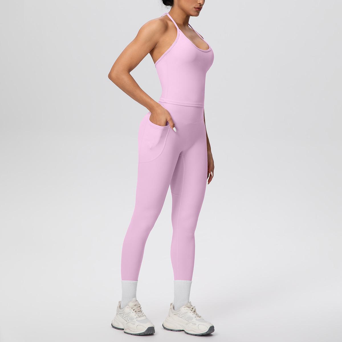 

Quick-Dry Strappy Tank & High-Waisted Pocket Leggings Set for Women: Outdoor Running & Yoga Wear Large