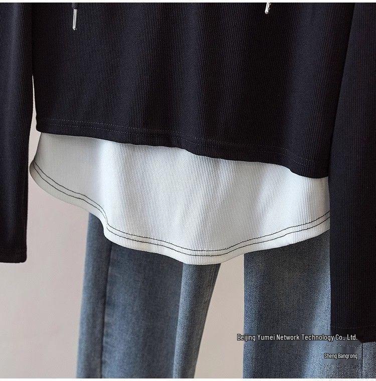 Plus Size Women's Autumn Hooded Sweatshirt, 2025 New Style, Slimming Irregular Two-Piece Design.