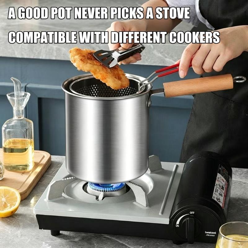 Perforated Insert Cooking Vessel with Metal Body, Glass Cover and Food Handling Tool for Raising Ready Items from Oil During Daily Meal Preparation