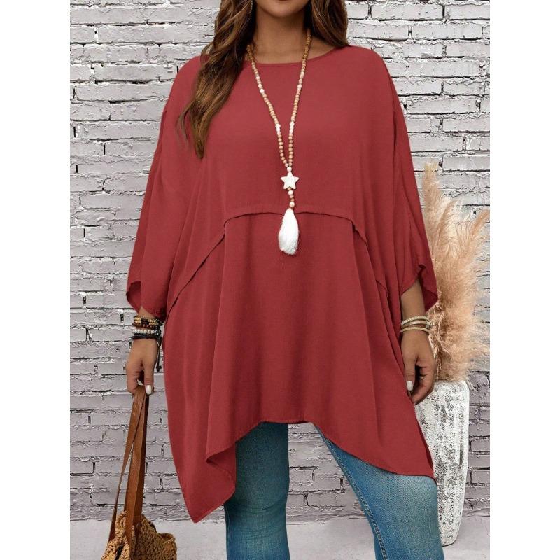 New Large Size Spring/Summer Loose Batman T-shirt Top Round Neck Fashion Casual Blouse Solid Color Irregular Elegant Shirts Loose Simple Long Tops