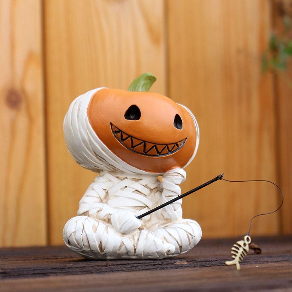 Cartoon Pumpkin Scarecrow Fishing Statue Resin Miniatures Figurine Pumpkin Elf Sculpture  Balcony