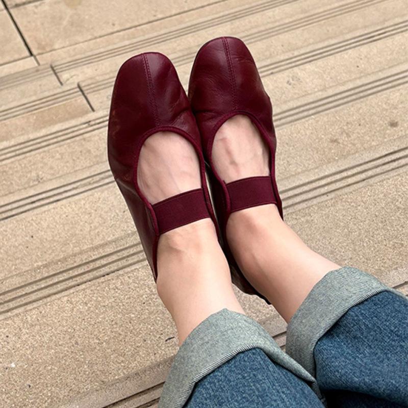 Sheepskin version~ niche new Korean version of red leather ballet Mary Jane women's shoes elastic band single shoes women's flat bottom