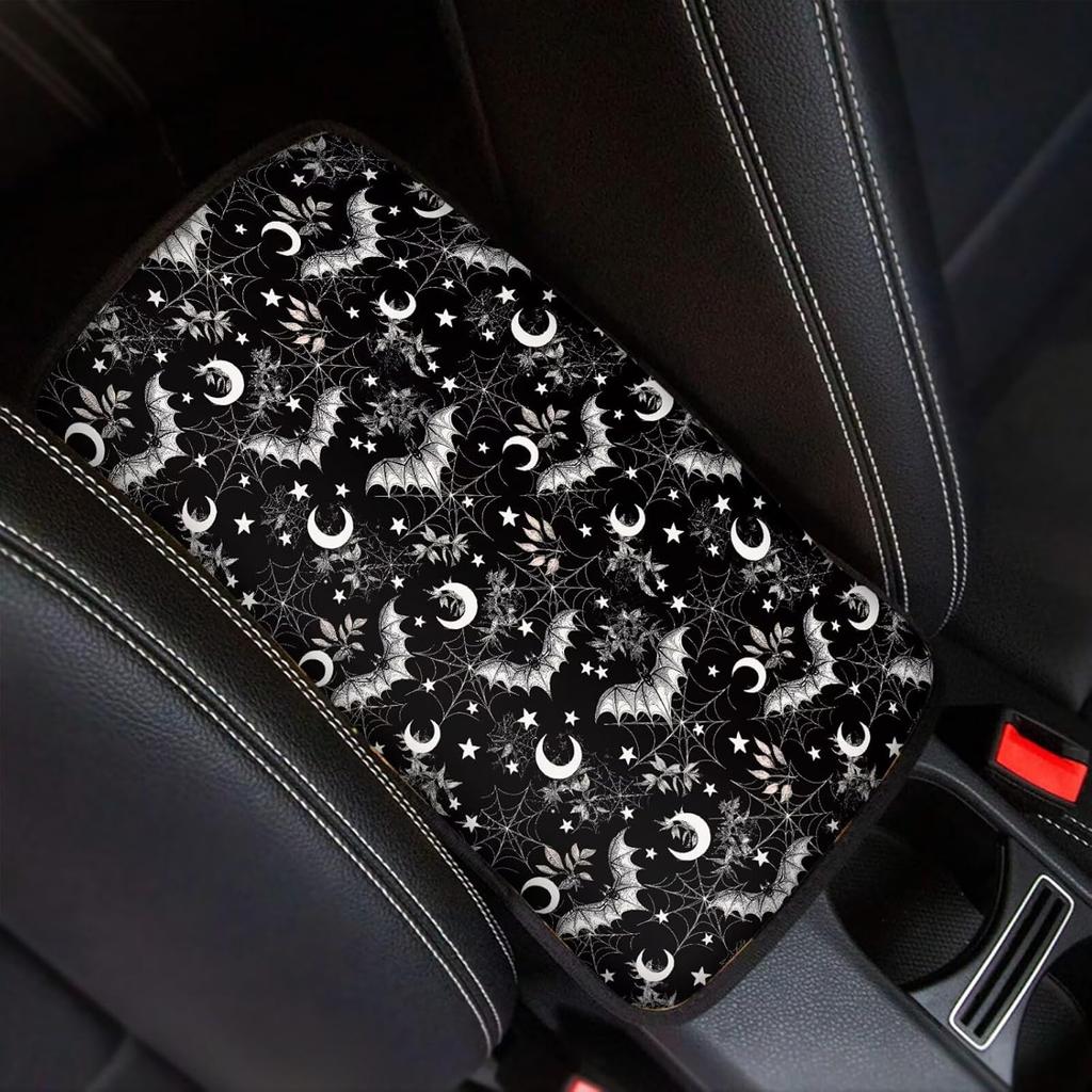 Dreaweet Stylish Spider Web Printed Black Car Center Console Armrest Cushion Cover Pad Soft Car Armrest Seat Box Cover Protector Auto Car Interior