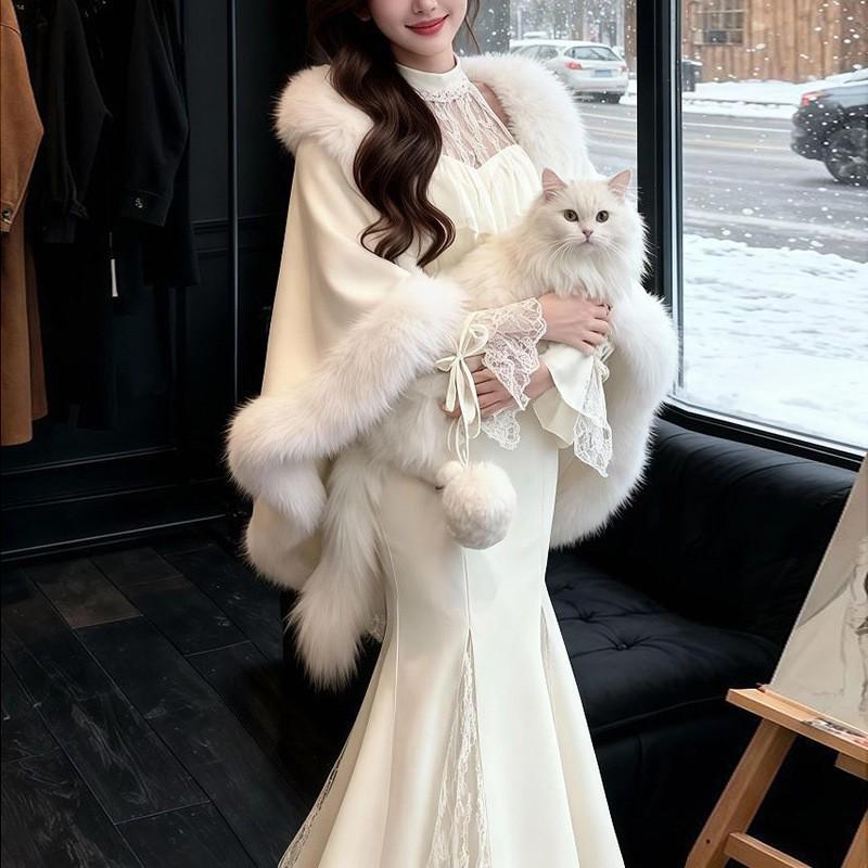 Womens Lace Dress Set Faux Fur Cape Blazer Slim Fit Elegant 2-Piece Outfit