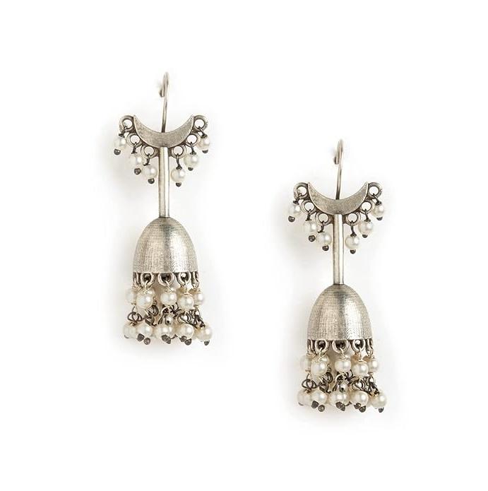 Silver-Toned Contemporary Jhumkas Earrings, Copper Alloy, Artificial Beads - Womens