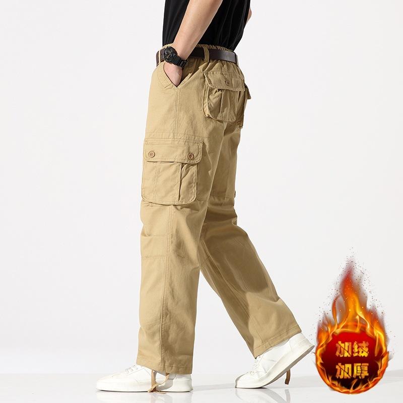 Plush Elastic Waistband Pure Cotton Wear-Resistant Multi Pocket Work Pants Straight Tube Large Pocket Loose And Fat Casual Pants