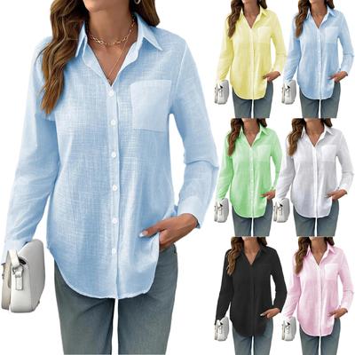 Women Casual Loose Fit Long Sleeve Button Down Shirt Linen Cotton Blend Wrinkled Texture Classic Collar Office Blouse