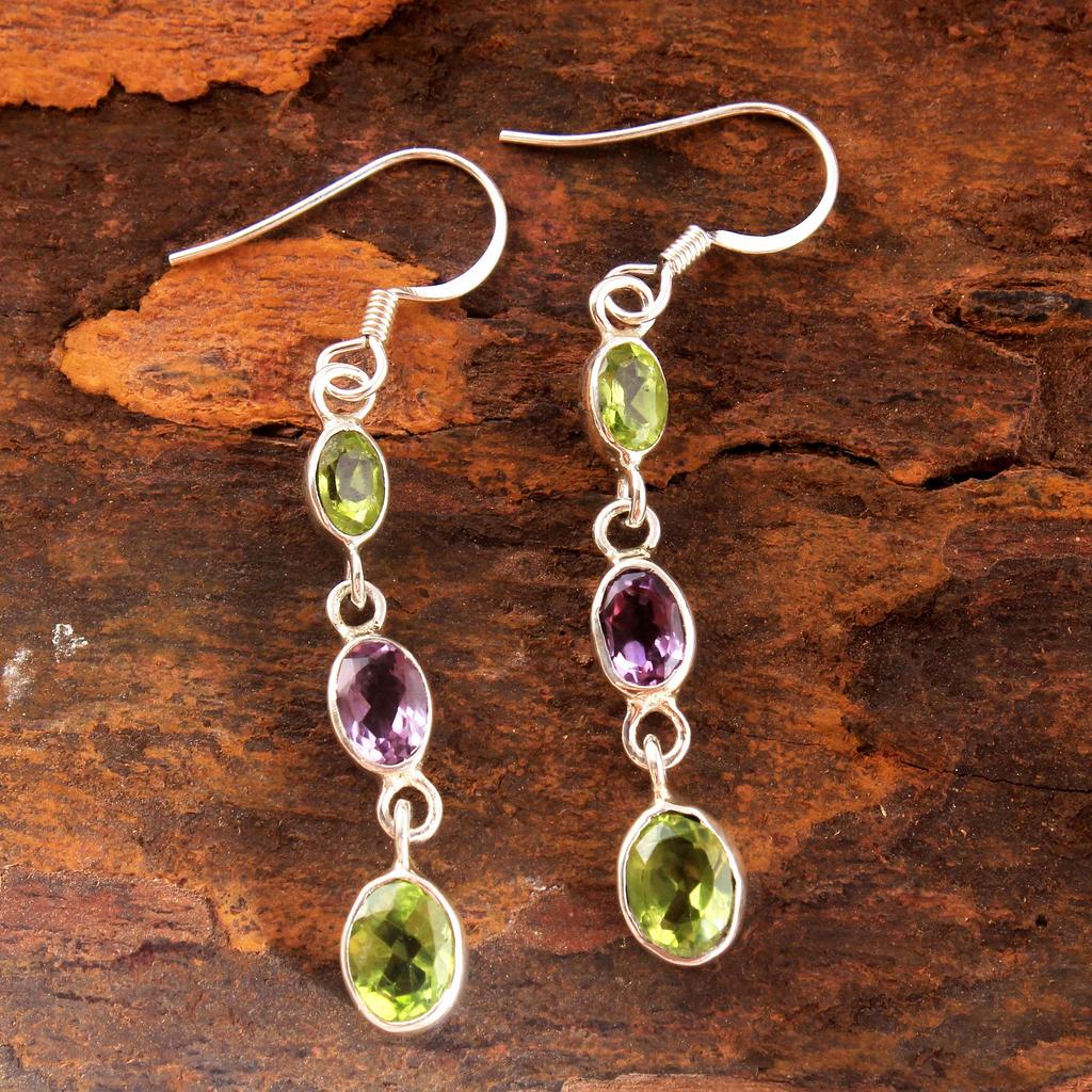 Peridot-Amethyst-Ohrring, handgefertigt, 100 % 925er Sterlingsilber, Geburtsstein August/Februar, Schmuck