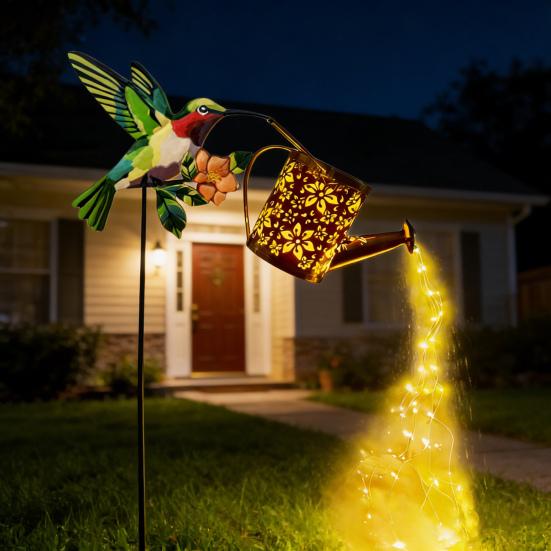 Solar Watering Can Garden Light Metal Hollow-Out Hummingbird Decorative Light Outdoor Spike Lamp for Lawn Pathway