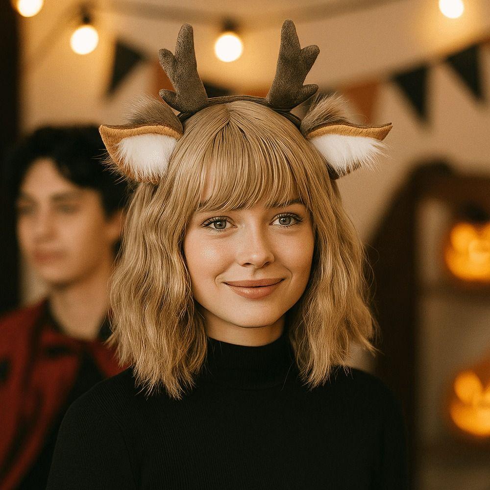 Party Headpiece Reindeer Antler Headband Plush Deer Ears Antler Hair Hoop Head Hoop  for Kids Adult
