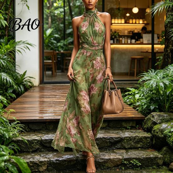 High-waisted Dress Floral Chiffon for Women, Halter Sleeveless Ruched Maxi Green Print Dress, Turtle Neck Wedding Guest Cocktail Evening Pleated Waist