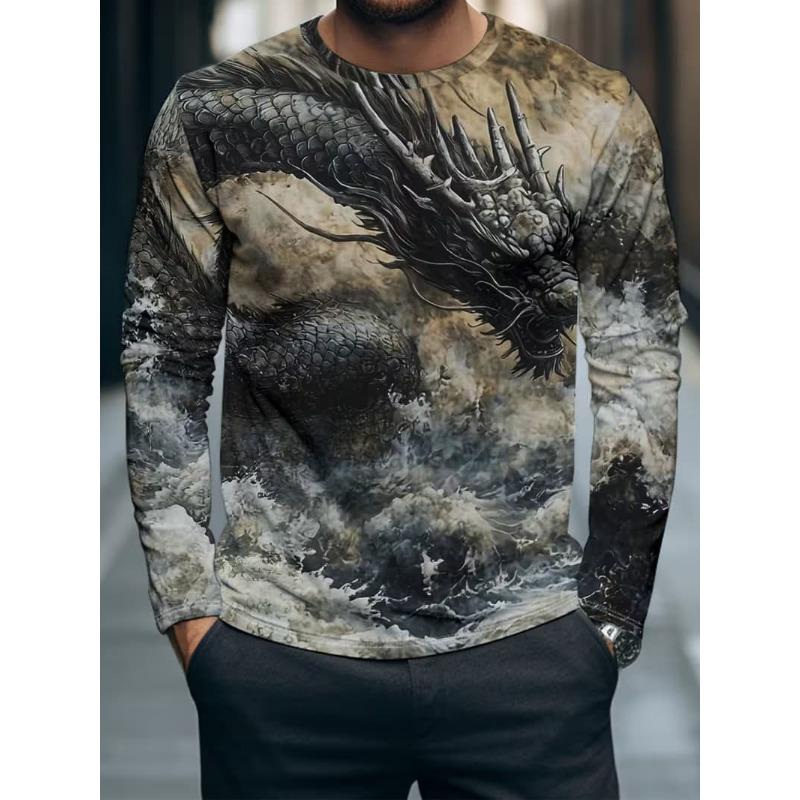 Men's Casual Autumn and Winter Printed Long-sleeved Crew Neck T-shirt