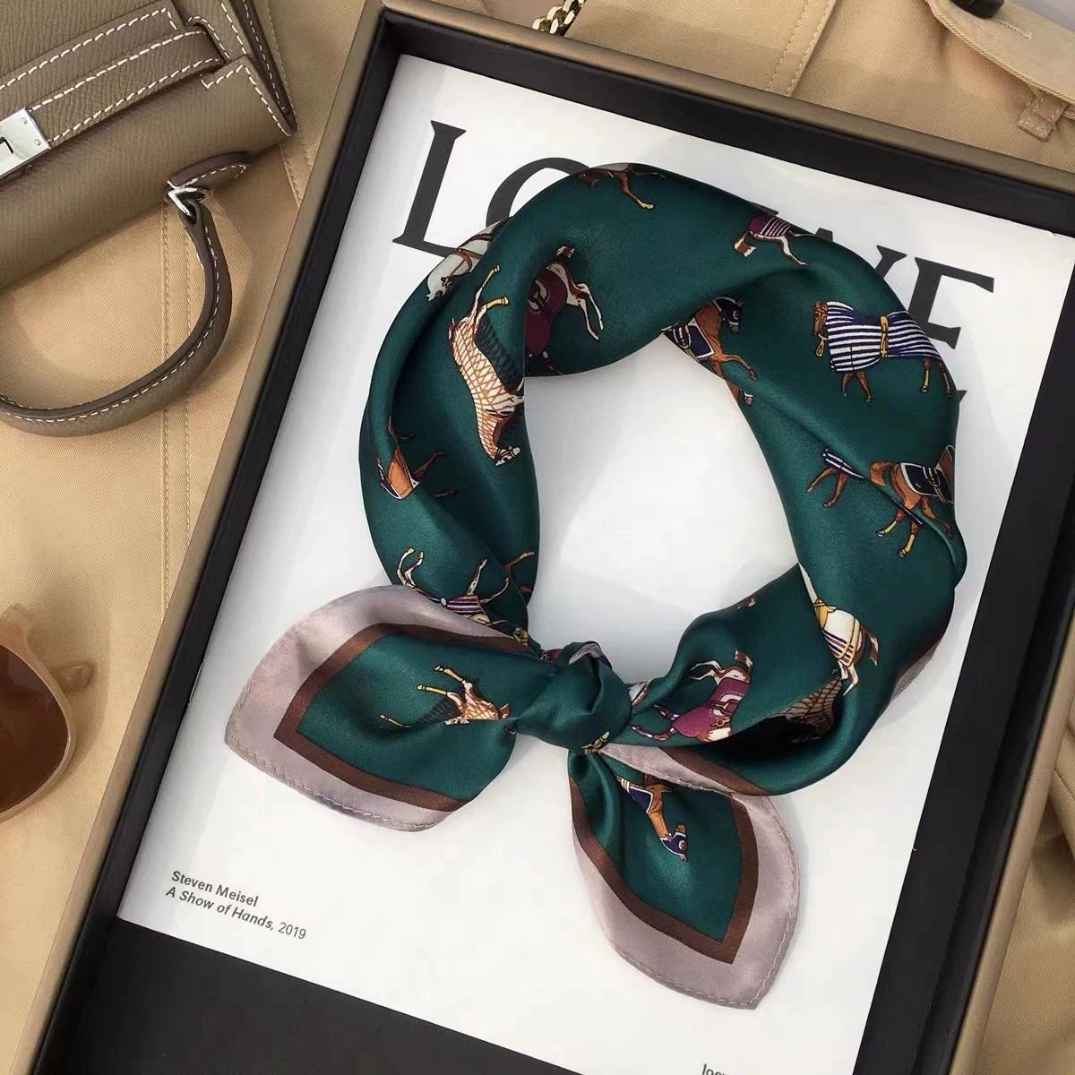 

Classical 53CM Square 100% Silk Scarf Pony Design Small Head Neck Hijab Women Kerchief High Quality Silk Bandana Scarves 53x53cm