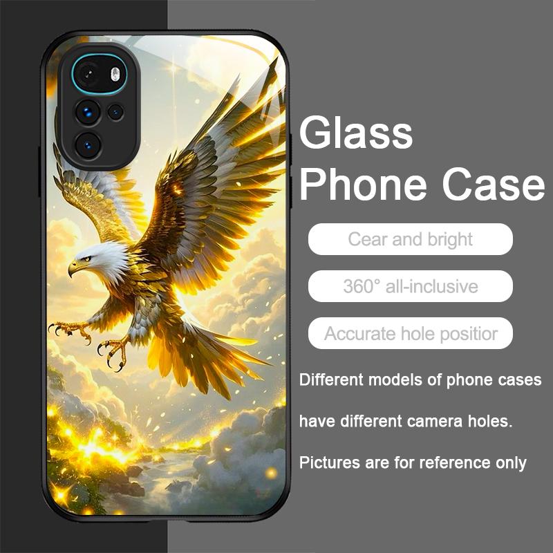 Stylish Eagle Golden Diamond Pattern Tempered Glass Phone Case for Motorola Moto G85 G84 G75 Edge 50 Fusion 40 Neo 30 Pro Cover