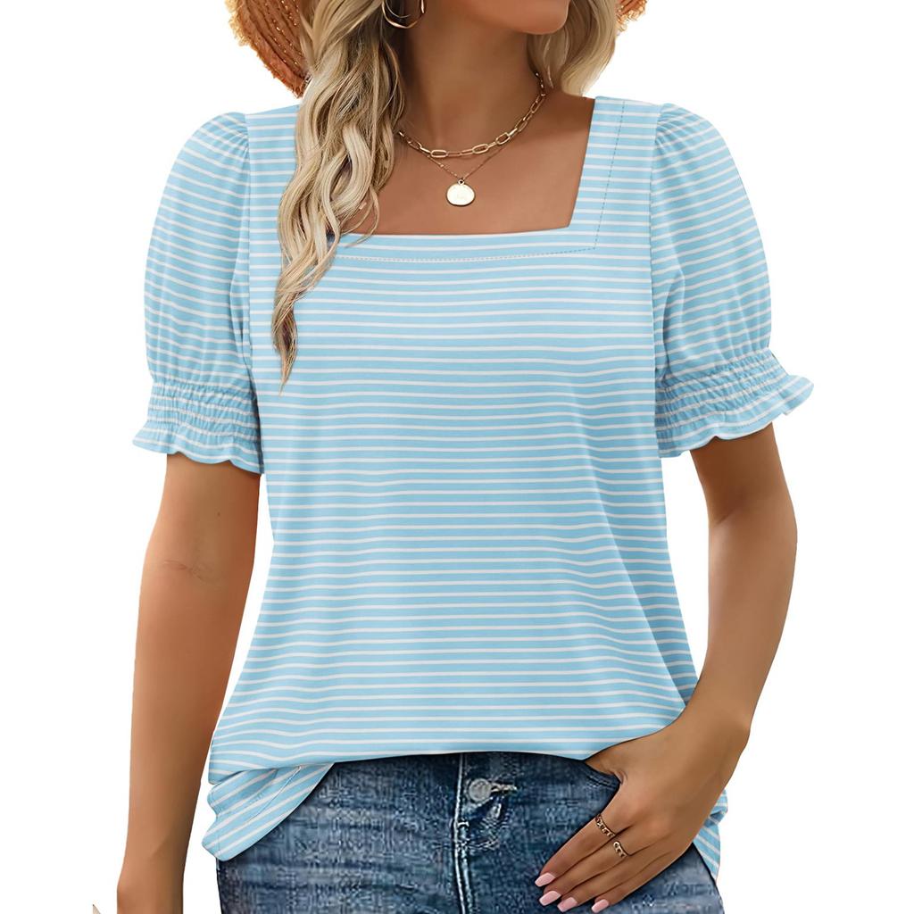 Women's Fashion Square Neck T-Shirt With Petal Sleeves, Short-Sleeved Striped Top