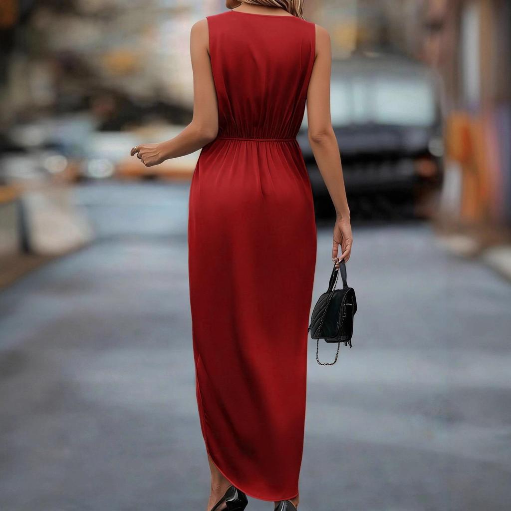 Elegant V-neck Sleeveless Slit Irregular Long Dress for Spring/Summer