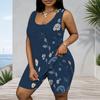 Women Plus Size Blue Floral Printed Scoop Neck Sleeveless Tank Top Fitted Shorts Two Piece Set