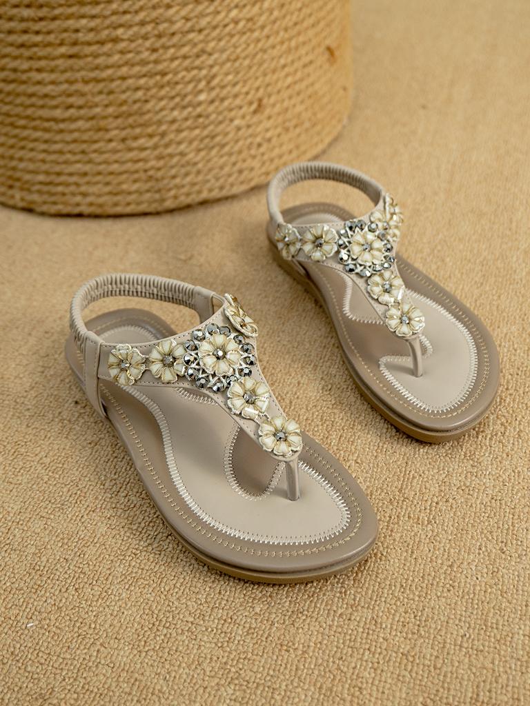 Rutschfeste Sandalen mit flachem Absatz und Strasssteinen Vielseitige Sandalen Blumen-Flachstrand-Schuhe Strassstein Rutschfest