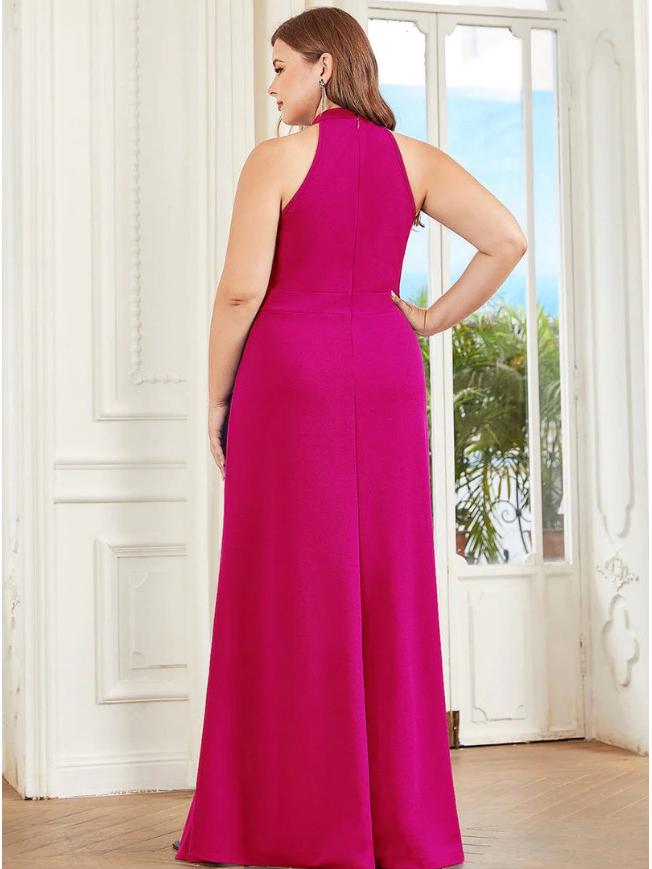European & American Split Fashion Solid Color Round Neck Long Dress