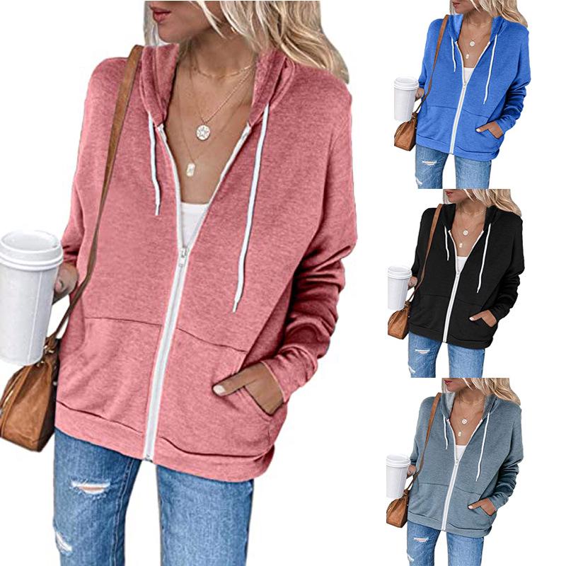 New Long Sleeve Hooded Sweater Women's Drawstring Pocket Zipper Cardigan Jacket