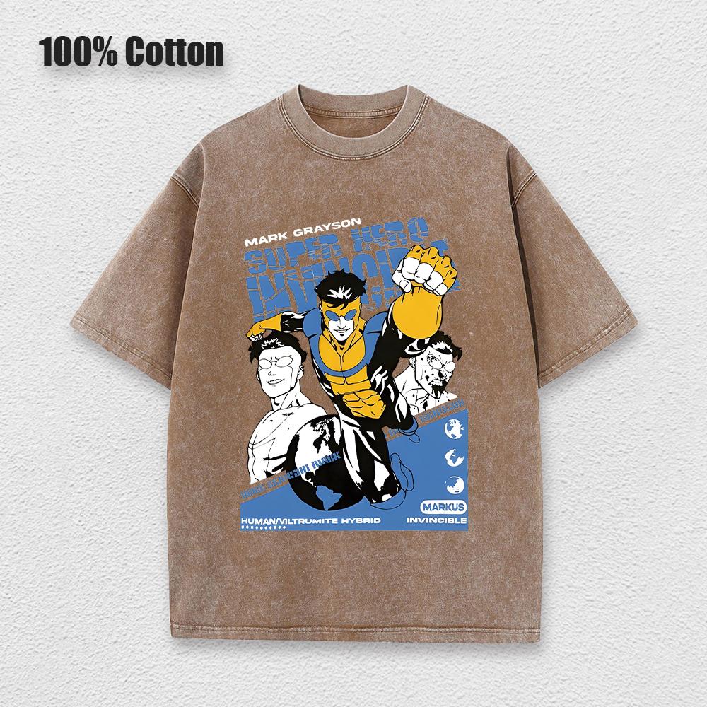 Ladies Invincible Hero Vintage Printed Tees Cotton Loose Washed T-Shirt Clothes Vintage Short Sleeve Crew Neck T-Shirt Unisex
