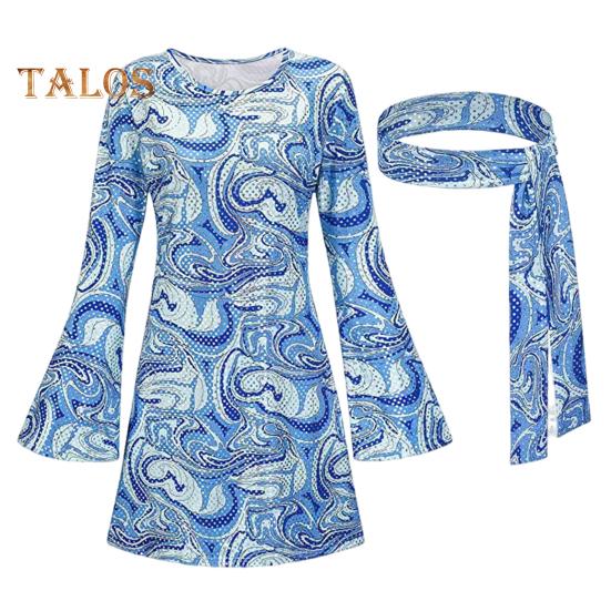 

1 комплект, женское платье, комплект с повязкой на голову, ретро с пайетками и рукавами-колокольчиками, свободный крой, с принтом, Хэллоуин, косплей, хиппи, дискотека, танцевальная вечеринка, бронзовое вечернее платье S синий