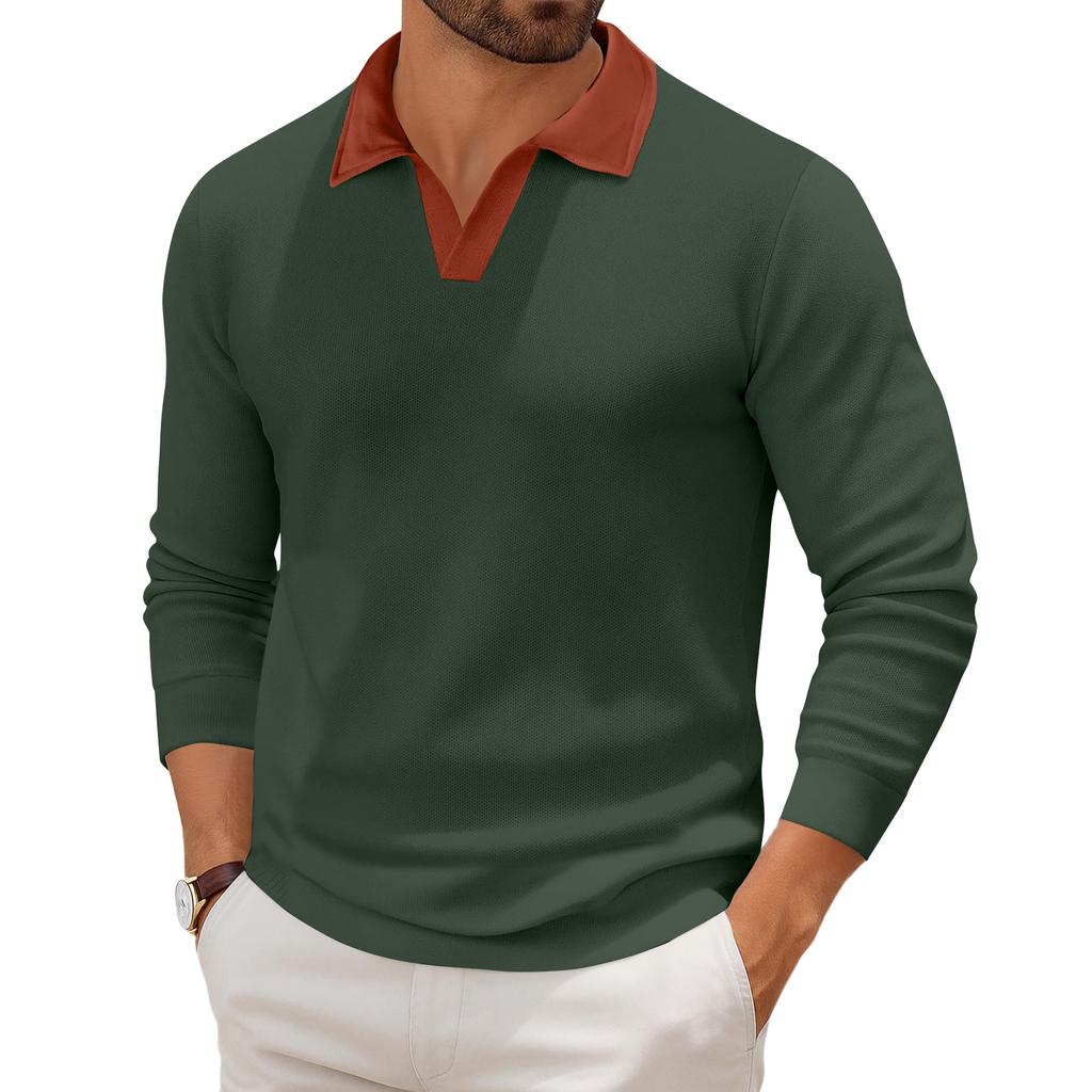 Men's Casual Color-Block Collared Long-Sleeve Knit Base Layer Top