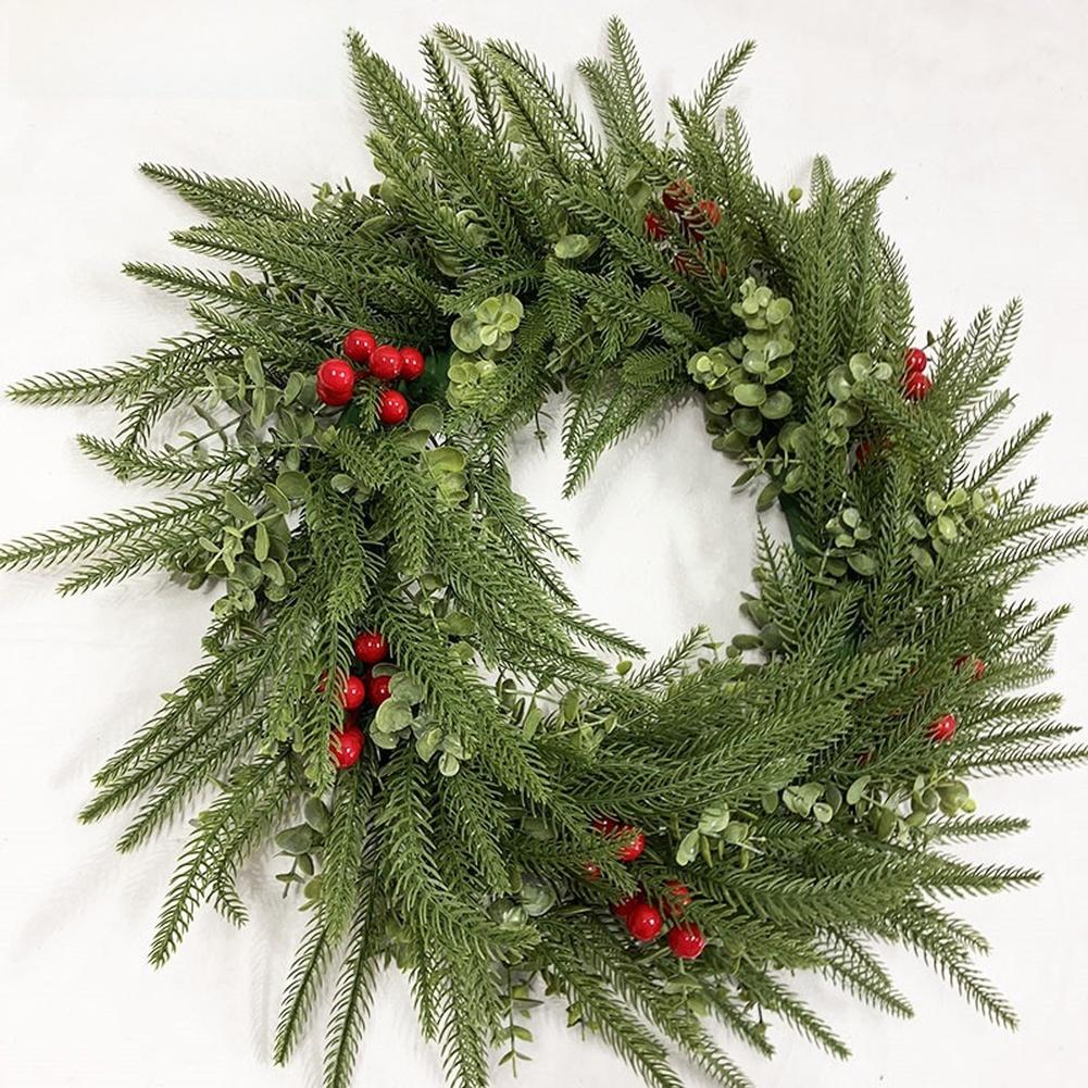 Artificial Norfolk Pine Christmas Wreath with Red Berries Heart Shape Greenery Holiday Decoration 45cm Lightweight