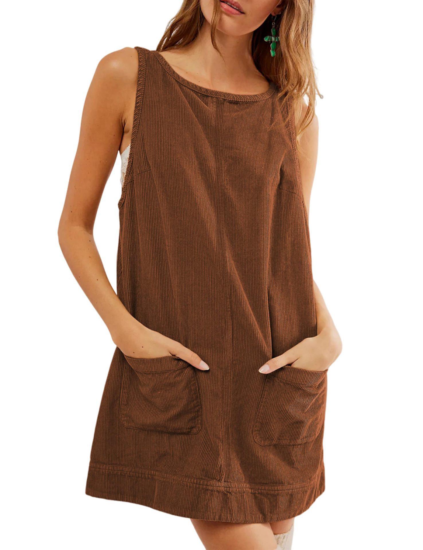 

2026 New Fashion Women s Corduroy Sleeveless Vest Dress - European & American Style, Solid Color, Casual Holiday Wear Medium темно-коричневого