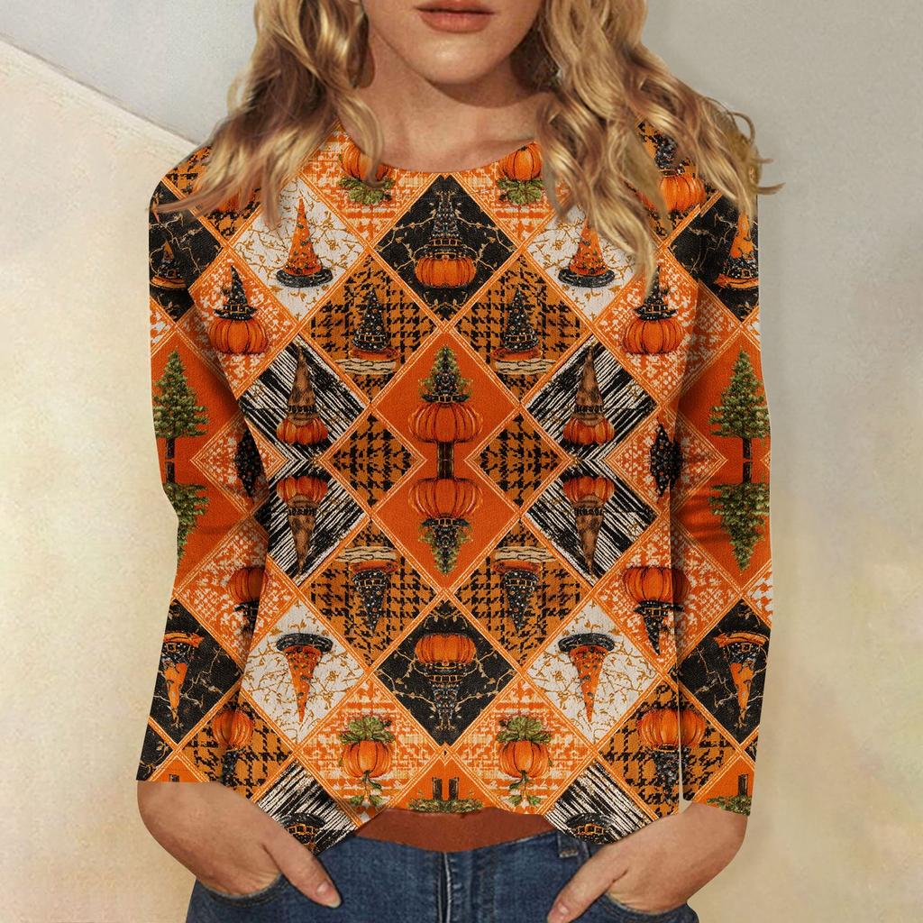 Women's Long-sleeved Loose-necked Halloween Print Casual Top, Suitable for Holiday Parties