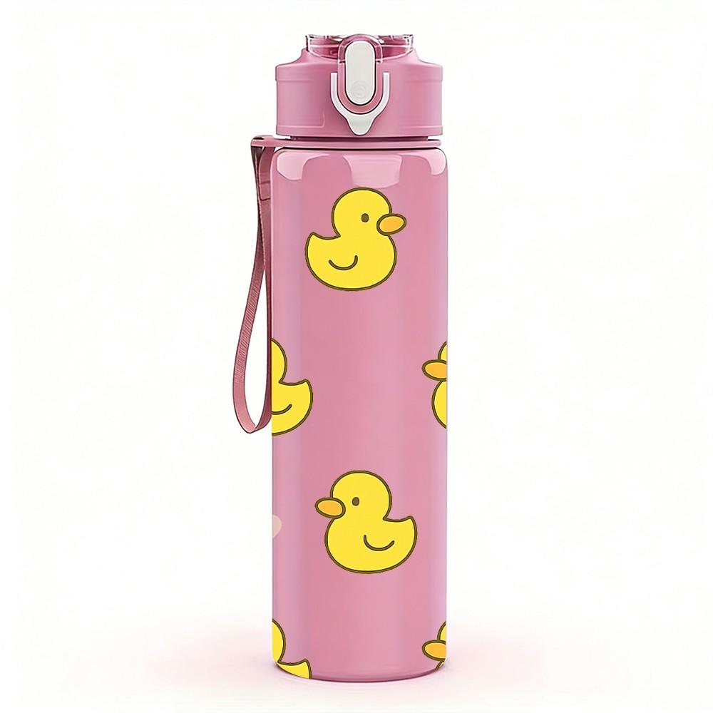 1PC Yellow Rubber Duck Pattern 750ml Color Plastic Sports Water Bottle Leakproof Flip Straw Lid Suitable for Sports Office Home Use