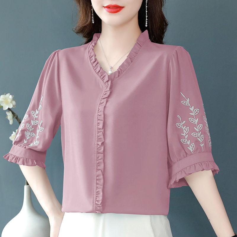 

Женские темпераментные однотонные пуловеры с коротким рукавом и V-образным вырезом, свободные, пэчворк, вышивка, модные повседневные футболки 4XL розовый